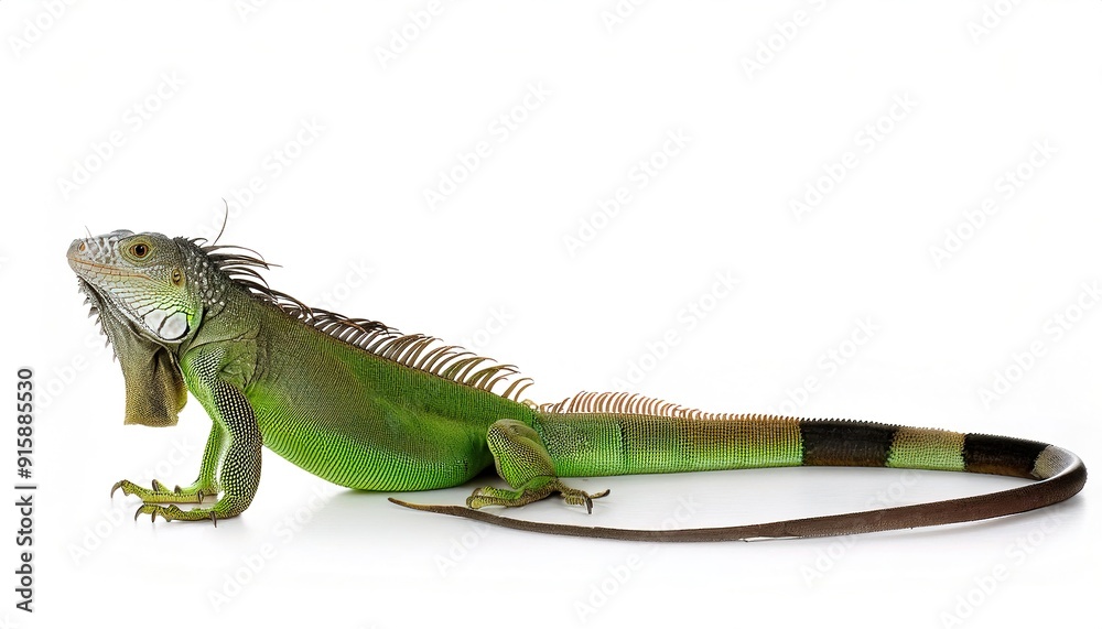 Fototapeta premium common green American iguana - Iguana iguana - is a large, arboreal, mostly herbivorous species of lizard Isolated on white background. Nuisance invasive species in South Florida. Can be Orange color