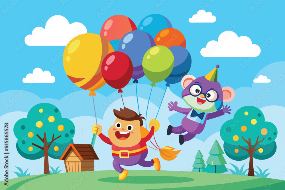 Obraz premium A cheerful child and a playful cartoon animal fly balloons in a lively park, surrounded by greenery and fluffy clouds under a clear blue sky