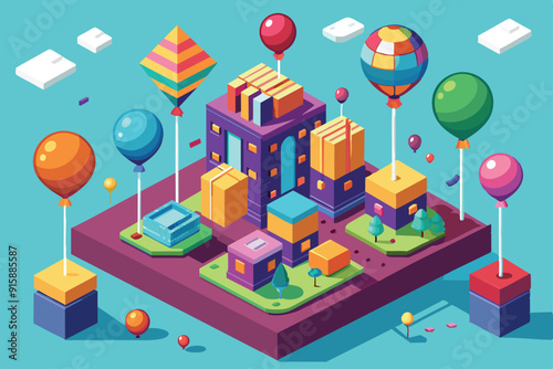 A vibrant, customizable urban landscape features various balloons floating above colorful buildings and geometric shapes, creating a lively atmosphere