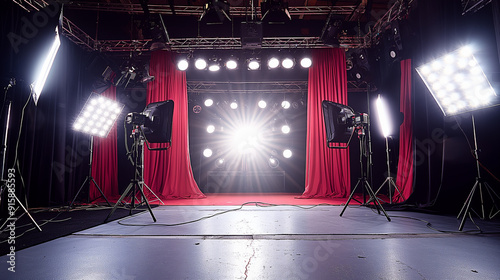 Professional Photography Studio Setup with Red Curtains and Lighting Equipment for Photography and Studio Themes photo