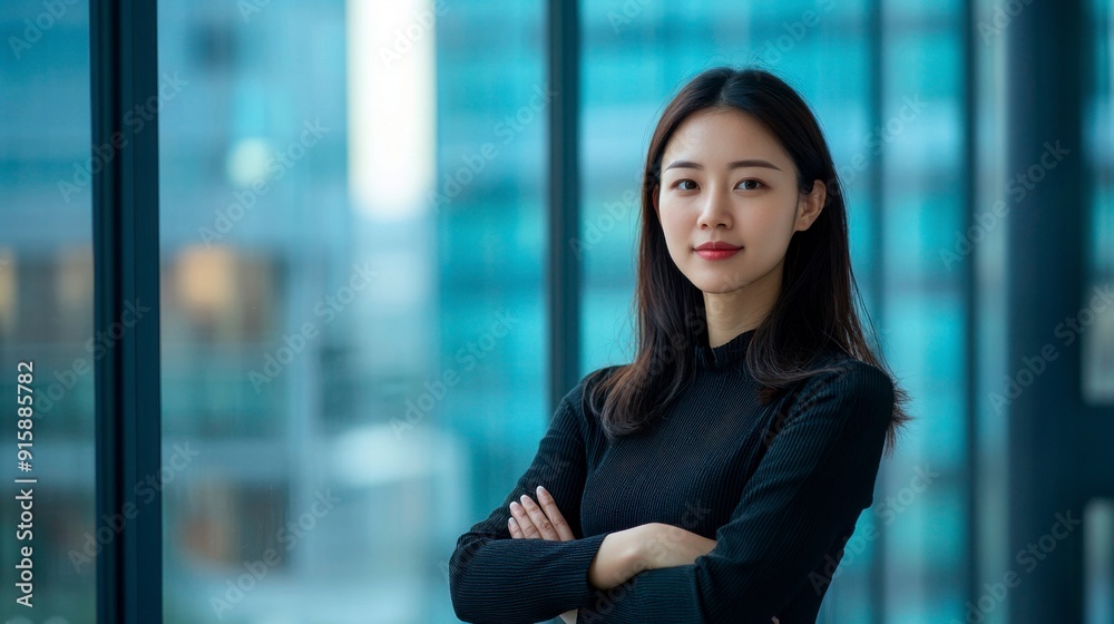 A business woman at the window of a high-rise building, arms crossed, looks into the distance, illuminated by bright daylight. A business woman at the window of a high-rise building, arms crossed, looks into the distance, illuminated by bright daylight.