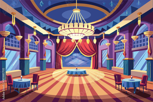 The grand ballroom showcases ornate chandeliers and tables arranged for a sophisticated evening gathering