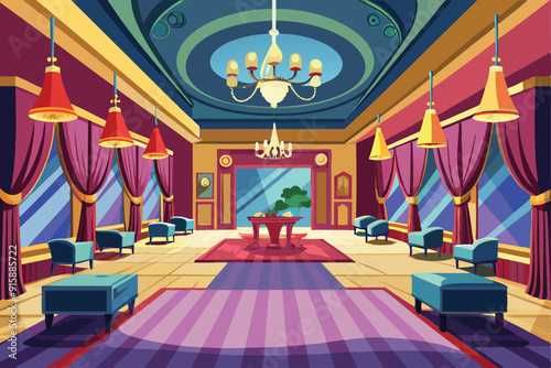 A sophisticated ballroom adorned with vibrant chandeliers, lush curtains, and contemporary seating, perfect for formal events and celebrations