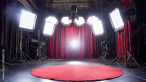 Professional Photography Studio Setup with Red Curtains and Lighting Equipment for Photography and Studio Themes photo
