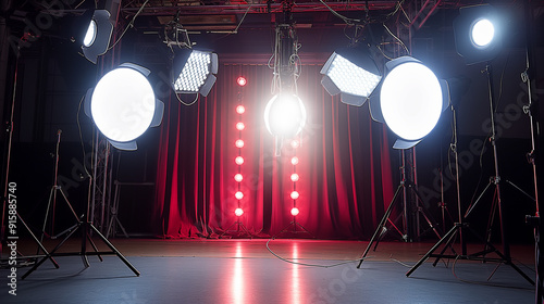 Professional Photography Studio Setup with Red Curtains and Lighting Equipment for Photography and Studio Themes photo
