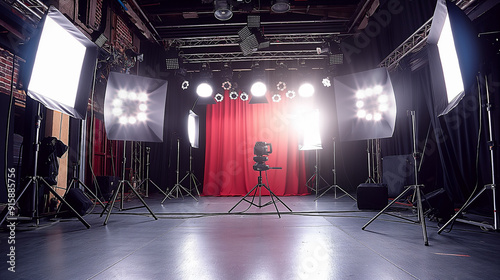 Professional Photography Studio Setup with Red Curtains and Lighting Equipment for Photography and Studio Themes photo