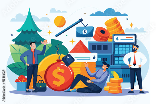 Professionals discuss bankruptcy concepts while surrounded by financial symbols and graphs, illustrating the complexities of financial planning and risk management