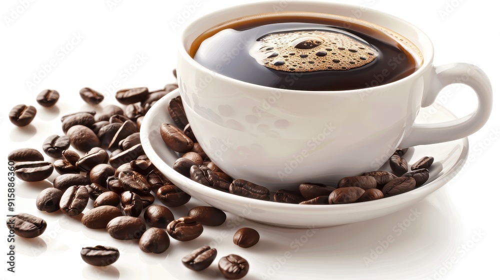 A steaming cup of coffee sits beside scattered roasted coffee beans, inviting warmth and comfort A steaming cup of coffee sits beside scattered roasted coffee beans, inviting warmth and comfort