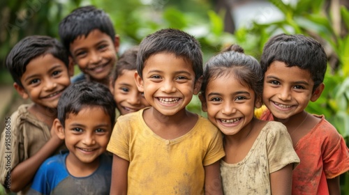 Group of happy children smiling outdoors
