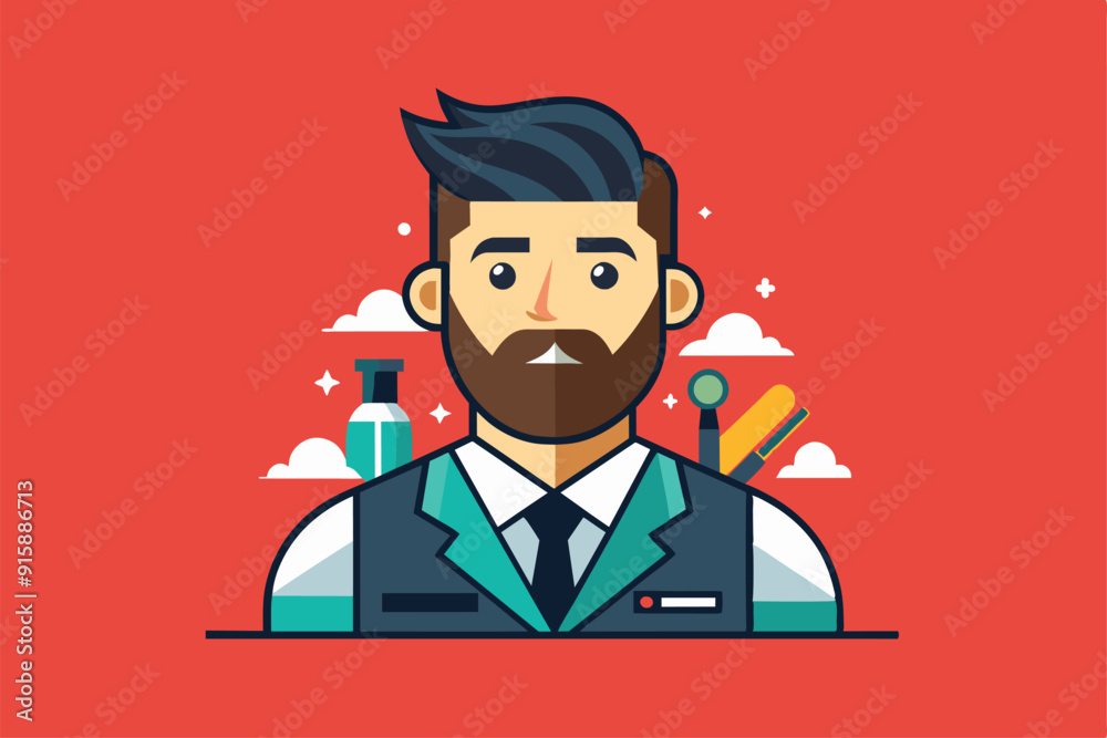 A modern barber depicted in a semi flat style, surrounded by grooming tools and products, set against a bright red background A modern barber depicted in a semi flat style, surrounded by grooming tools and products, set against a bright red background