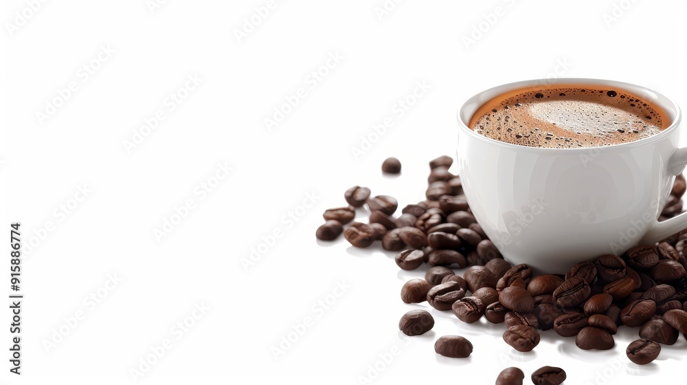 A cup of coffee sits atop scattered roasted coffee beans, inviting warmth and comfort during a break A cup of coffee sits atop scattered roasted coffee beans, inviting warmth and comfort during a break