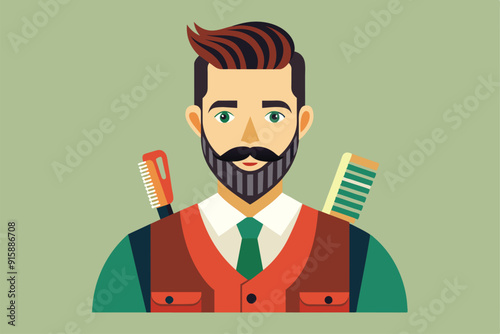 A professional barber stands confidently, showcasing his tools while highlighting his unique style and approach to grooming in a modern atmosphere