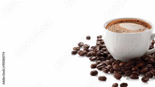 A cup of coffee sits atop scattered roasted coffee beans, inviting warmth and comfort during a break