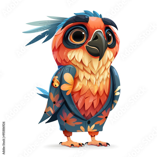 A colorful cartoon owl wearing a floral shirt stands proudly against a white background photo