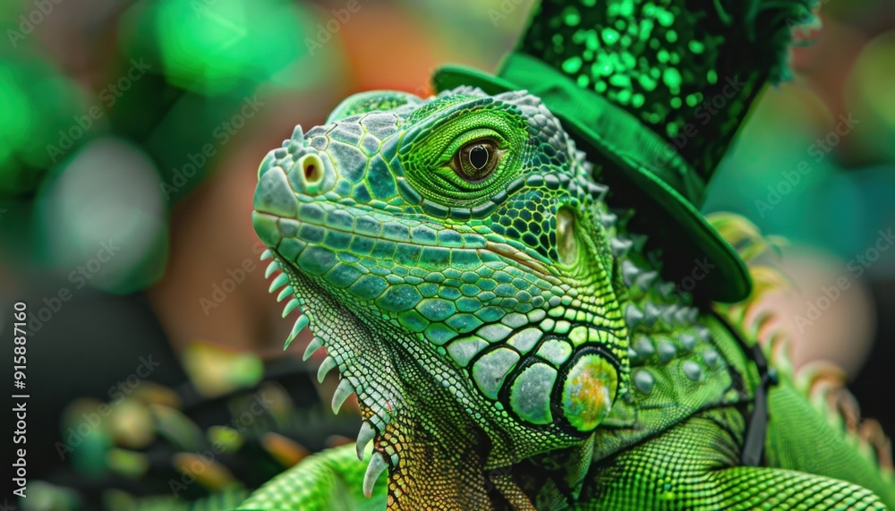 A Festively Dressed Iguana Wears a Green Hat at a Celebration in March A Festively Dressed Iguana Wears a Green Hat at a Celebration in March