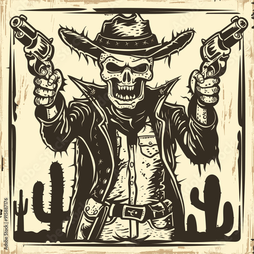 Skeleton cowboy with revolvers, desert background.
