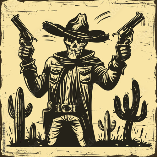 Skeleton cowboy with revolvers, desert background.

