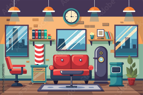 Clients relax in a stylish barbershop, showcasing chic seating, a clock, and vibrant decor in a welcoming urban environment