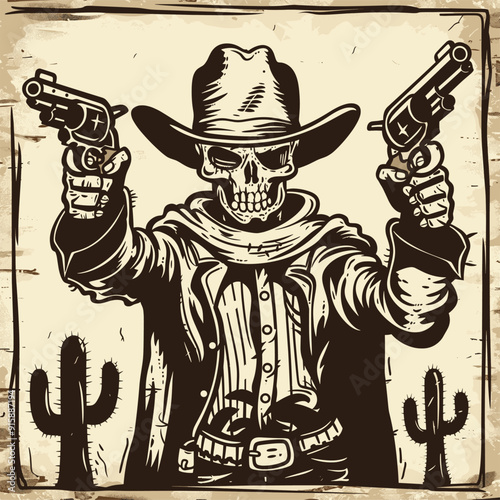 Skeleton cowboy with revolvers, desert background.
