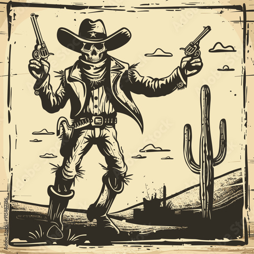 Skeleton cowboy with revolvers, desert background.
