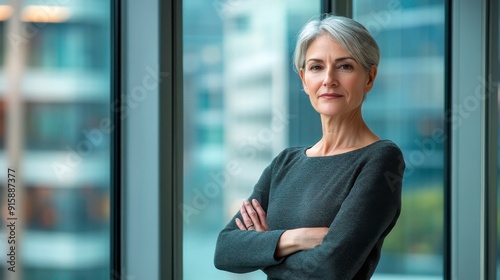 Free Download A business woman at the window of a high-rise building, arms crossed, looks into the distance, illuminated by bright daylight. - GFXLoad