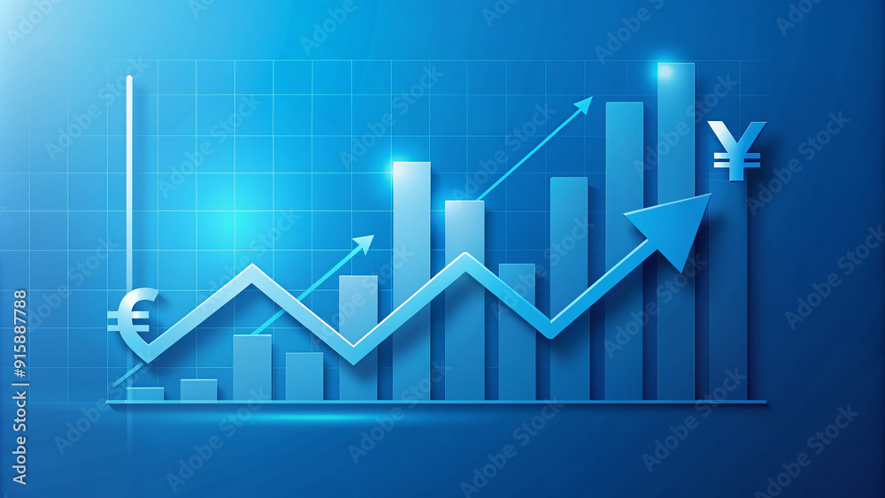 Minimalist illustration of a financial graph with rising arrow and currency symbols on a blue background, representing market trends and exchange rates analysis. Minimalist illustration of a financial graph with rising arrow and currency symbols on a blue background, representing market trends and exchange rates analysis.