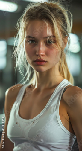 A woman with blonde hair and a white tank top is posing for a photo. She has a serious expression on her face and her hair is pulled back into a ponytail.