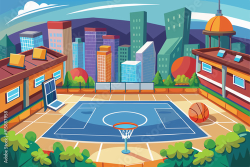 A vibrant basketball court awaits players, featuring a hoop, ball, and a captivating city backdrop under a clear sky