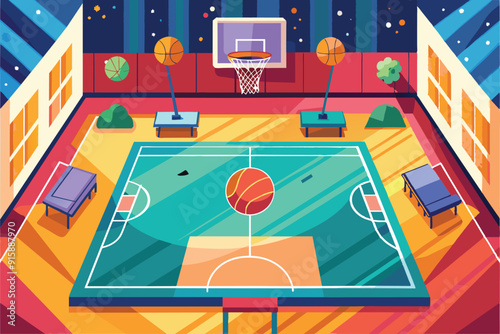 A colorful indoor basketball court features hoops, basketballs, and benches under bright lights, inviting players for a game in a lively atmosphere