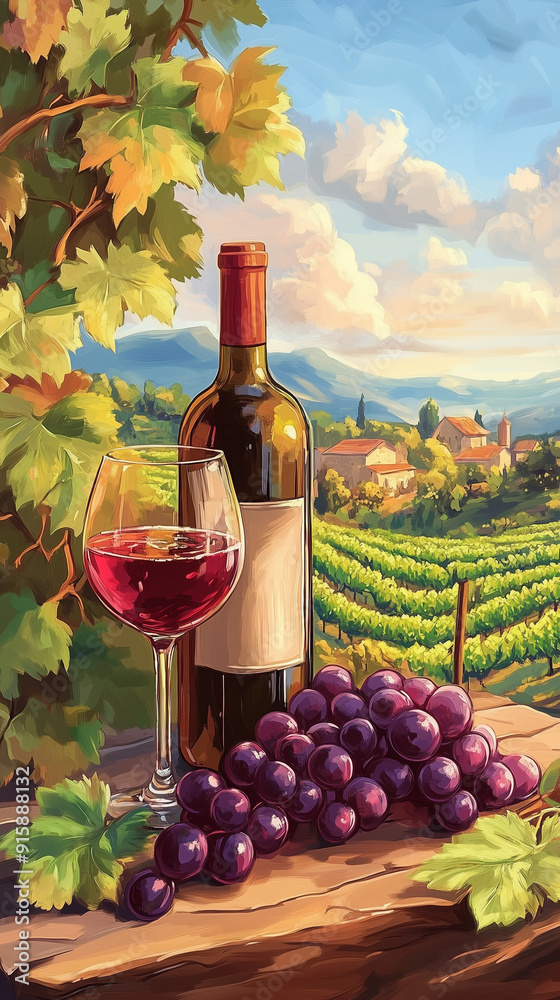 Naklejka premium Wine bottle and glass of wine, vineyard