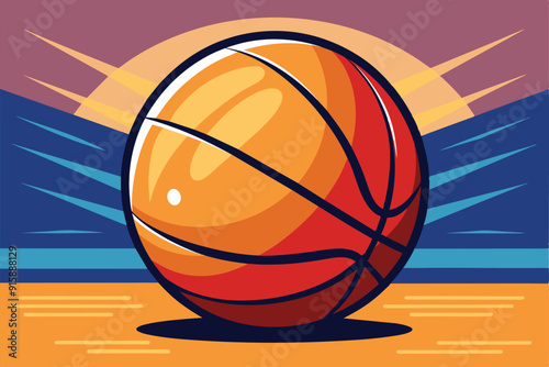 A colorful basketball sits prominently on a court beneath a stunning sunset backdrop, showcasing vibrant hues and eye-catching design