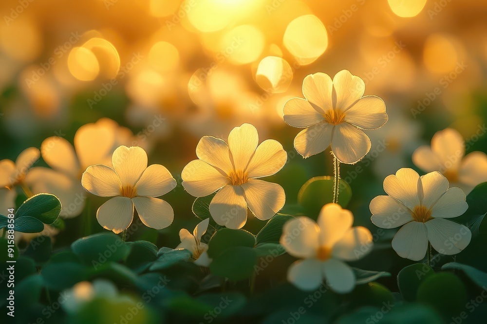 dreamy summer meadow at dawn soft focus clover blossoms in golden light dreamy summer meadow at dawn soft focus clover blossoms in golden light