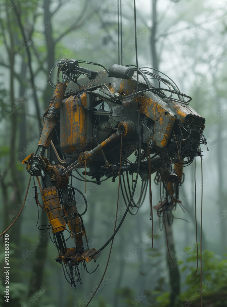 Fototapeta premium A robot is hanging from the trees in a forest. The robot is made of metal and has wires coming out of it. The robot is in a state of disrepair and he is abandoned.