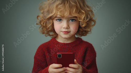 Cute Child with Curly Hair Holding Smartphone in Red Sweater for Technology and Modern Childhood Photography Themes
 photo