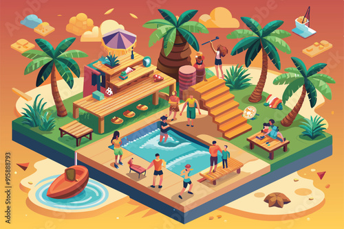 Friends engage in various activities on a tropical beach, enjoying games, swimming, and relaxing amid palm trees and lively decor