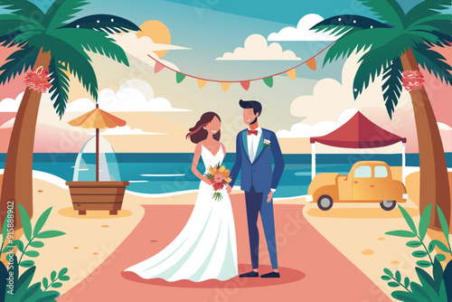 A couple stands together on the beach, surrounded by palm trees and colorful decorations, celebrating their wedding during a vibrant sunset