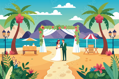 A couple exchanges vows at a tropical beach wedding, surrounded by palm trees, lush flowers, and a picturesque ocean backdrop