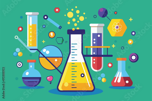 Various colorful beakers and lab equipment are filled with liquids, showcasing a lively chemistry experiment in a bright, engaging laboratory