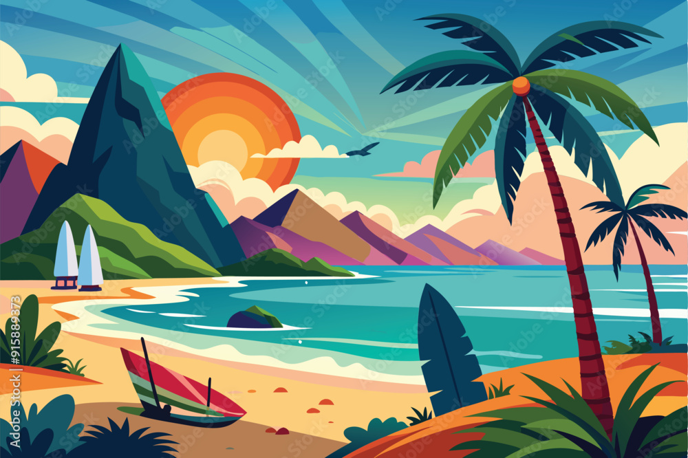 Obraz premium A vibrant sunset casts warm hues over the ocean, while palm trees sway beside surfboards on a scenic beach with soft waves lapping at the shore