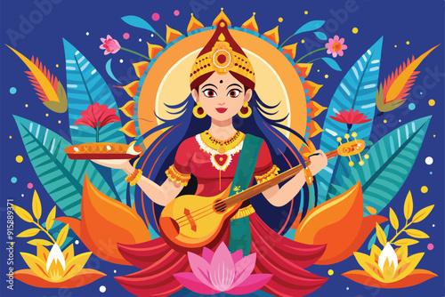 A colorful depiction of the Vasant Panchami festival, showcasing traditional attire, decorations, and cultural symbols celebrating spring and knowledge