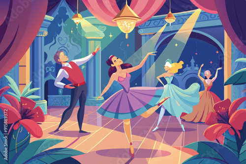 A group of dancers elegantly practices in a beautifully decorated ballroom, showcasing various dance styles under soft lighting and floral accents