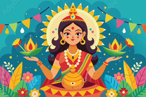 A beautifully decorated card showcases the essence of Vasant Panchami with vibrant colors, floral motifs, and traditional symbols of worship