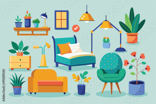 A warm and inviting cartoon interior filled with vibrant furniture, cozy armchairs, stylish lamps, and greenery for a peaceful atmosphere