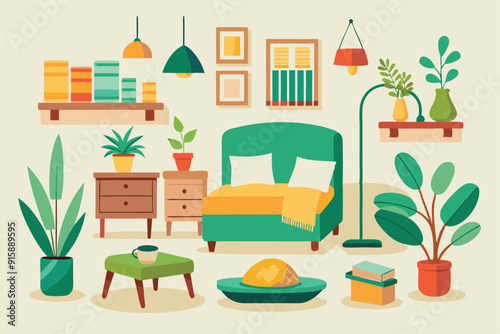 A cozy living room features a green armchair, plants, lamps, and a coffee table, creating a warm and inviting atmosphere for relaxation