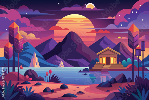 A peaceful cabin near a serene lake reflects the vibrant colors of dawn, with mountains rising in the background and clouds softening the light