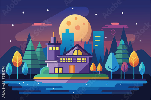 A serene location features a charming house by the water, surrounded by trees and illuminated by a bright moon before dawn
