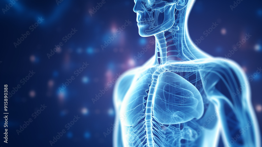 A digital representation of a human skeleton and respiratory system. A digital representation of a human skeleton and respiratory system.