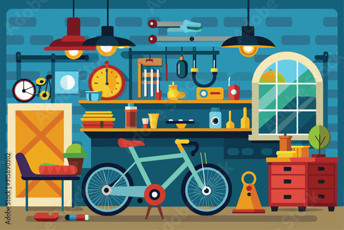 A vibrant bicycle workshop filled with tools, accessories, and a bicycle, showcasing a creative and organized workspace during daylight hours