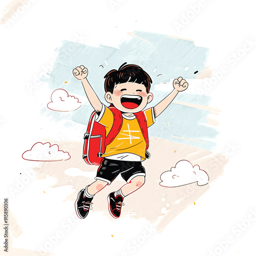 Happy cartoon boy with a backpack, jumping.
