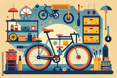 A vibrant bicycle workshop features various tools, spare parts, and a prominently displayed bike, showcasing a space for customization and repairs